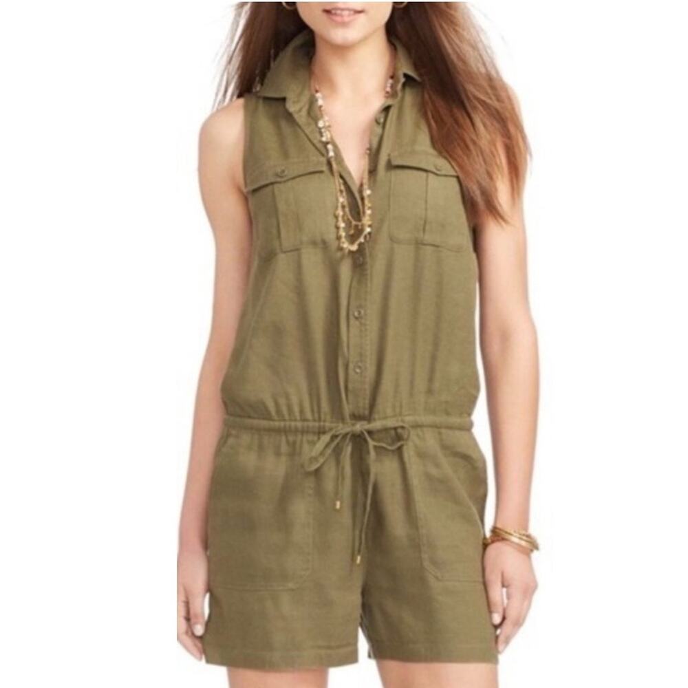 Lauren Ralph Lauren Olive Army Green Linen Blend Button Up Shorts Romper sz 8 P